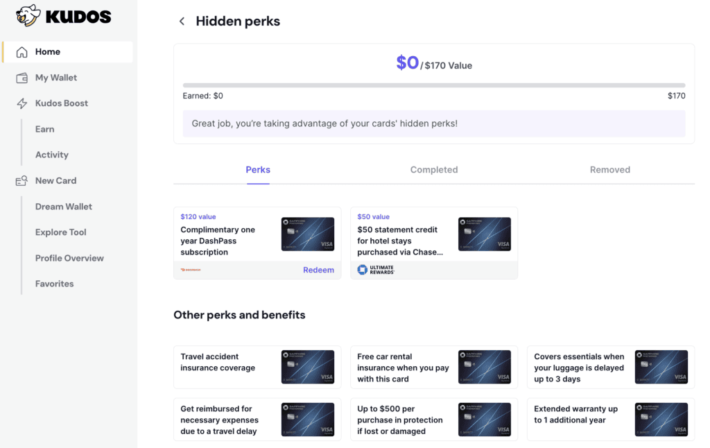 Screenshot of Hidden Perks on Kudos. Earn more credit card rewards with kudos.